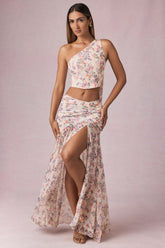 Asymmetric Ruched Maxi Skirt in Primrose Floral Print