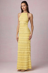 Ruffled Backless Halterneck Maxi Dress in Lemon Yellow
