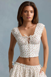 Ruched Cotton-Poplin Corset Top in Rose Print