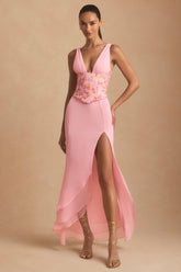 Embellished Plunge Ruffled Corset Maxi Dress in Pink