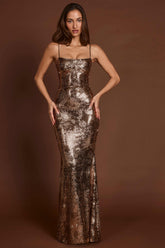 Embellished Straight-Neck Maxi Dress in Black Gold Foil