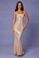 Embellished Square Neck Lace Gown in Pale Peach