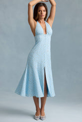 Halterneck Midaxi Dress in Blue Flower Print