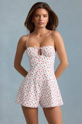 Ruched Backless Playsuit in Cherry Print