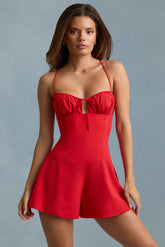 Ruched Backless Playsuit in Scarlet Red
