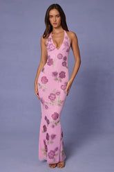 Embellished Halterneck Maxi Dress in Soft Pink