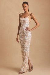 Embellished Scoop-Neck Backless Maxi Dress in Ivory