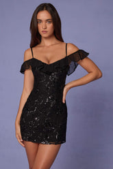 Embellished Lace-Up A-Line Mini Dress in Black