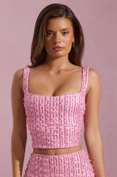 Embellished Square-Neck Crop Top in Pink