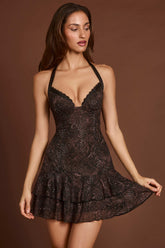Embellished Halterneck A-line Mini Dress in Snake Hotfix