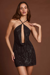 Embellished Halterneck Cowl A-line Mini Dress in Black