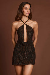 Embellished Halterneck Cowl A-line Mini Dress in Brown Snake