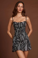 Embellished Cowl Neck A-line Mini Dress in Silver Snake