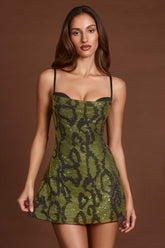 Embellished Cowl Neck A-line Mini Dress in Green Snake