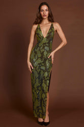Embellished Halterneck Maxi Dress in Green Snake