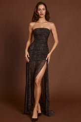 Embellished Bandeau Gathered Maxi Dress in Snake Hotfix
