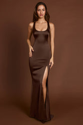 Scoop-Neck Lace-up Back Maxi Dress in Chocolate Brown