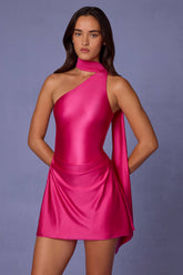 Asymmetric Scarf-Detail Mini Dress in Hot Pink