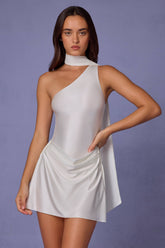 Asymmetric Scarf-Detail Mini Dress in White