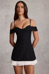 Off-Shoulder Ruffle A-Line Mini Dress in Black