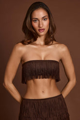 Fringed Bandeau Lace-up Crop Top in Chocolate Brown
