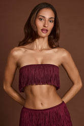 Fringed Bandeau Lace-up Crop Top in Wine Red