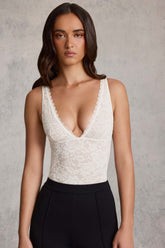 Plunge-Neck Lace Bodysuit in White