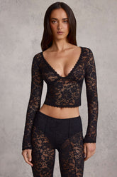 Plunge-Neck Long-Sleeve Lace Top in Black