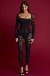 Long-Sleeve Seamless Knit Jumpsuit in Black