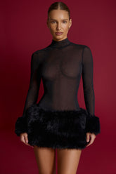 Faux Fur-Trim Turtleneck Mini Dress in Black