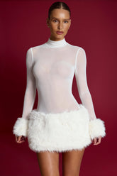 Faux Fur-Trim Turtleneck Mini Dress in White