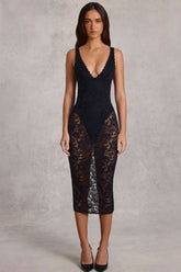 Lace Plunge Bodysuit Midaxi Dress in Black