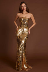 3D Embellished Bandeau Maxi Dress in Gold
