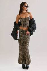 Modal Mid-Rise Fishtail Maxi Skirt in Leopard Print