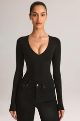 Modal Plunge Long-Sleeve Bodysuit in Black