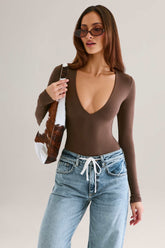 Modal Plunge Long-Sleeve Bodysuit in Chocolate Brown