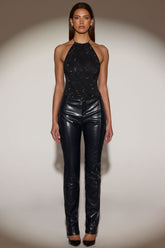 Croc-Effect Straight-Leg Trousers in Black
