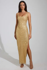 Embellished Scoop-Neck Maxi Dress in Gold