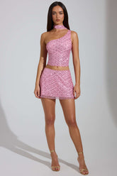 Embellished Low-Rise A-Line Micro Mini Skirt in Pink