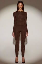 Embellished High-Waisted Leggings in Chocolate Brown