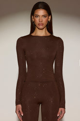 Embellished Long-Sleeve Top in Chocolate Brown