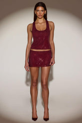 Embellished A-Line Mini Skirt in Burgundy