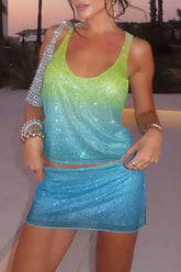 Embellished A-Line Mini Skirt in Blue Yellow Ombré