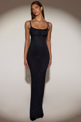 Embellished Backless Maxi Dress in Black