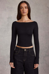 Modal Boat-Neck Long-Sleeve Top in Black