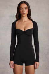 Ruched Long-Sleeve Playsuit in Black