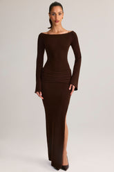 Knit Boat-Neck Long-Sleeve Maxi Dress in Chocolate Brown