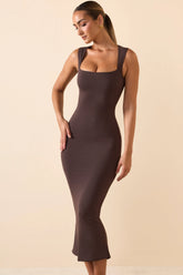 Square Neck Midi Dress in Chocolate Brown