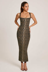 Modal Square-Neck Bodycon Midi Dress in Leopard Print