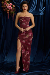 Bandeau Cowl-Neck Maxi Dress in Maroon Floral Print